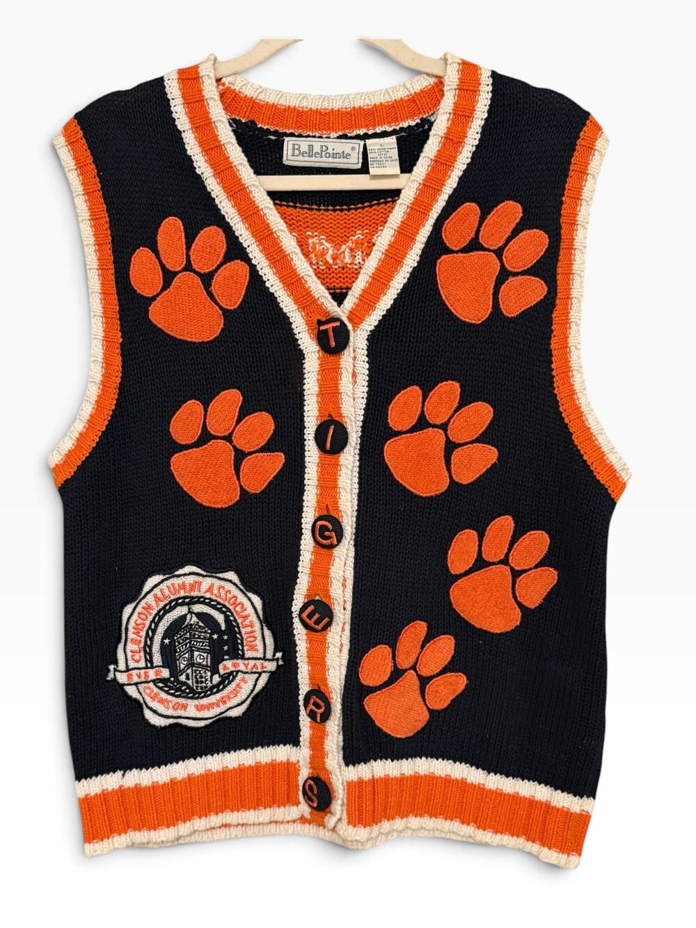 Clemson Tigers Vintage BellePointe Alumni Sweater Vest Paw Print Orange Navy L